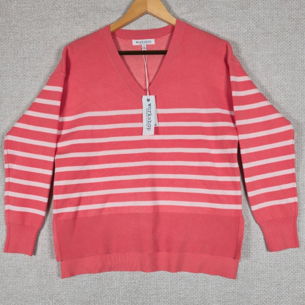 Workshop Republic Coral Blush White Striped V-Neck‎ Sweater Size Small NEW